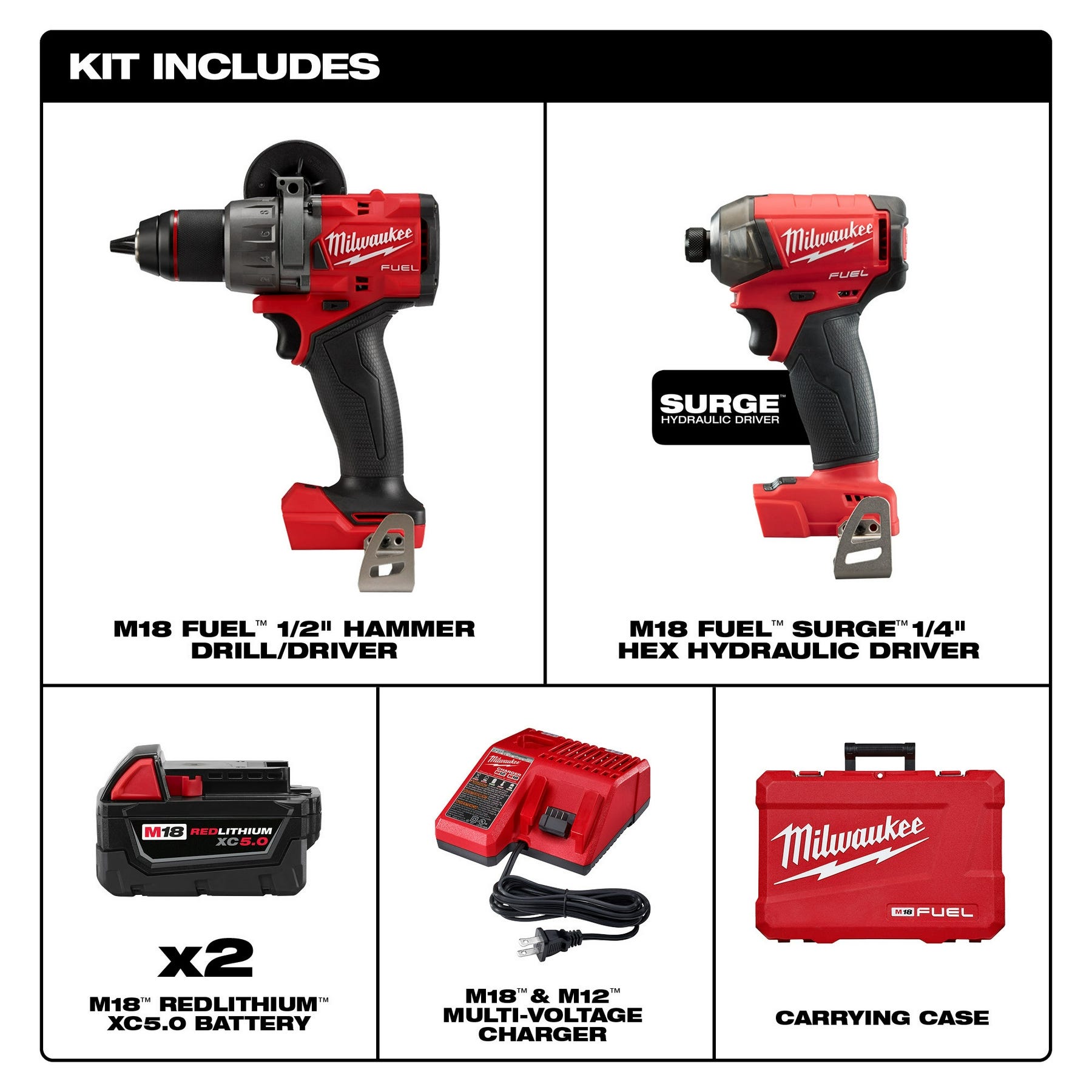 Milwaukee 3699-22 M18 FUEL 1/2-in. Hammer Drill and 1/4-in. Hex Hydraulic Driver Combo Kit