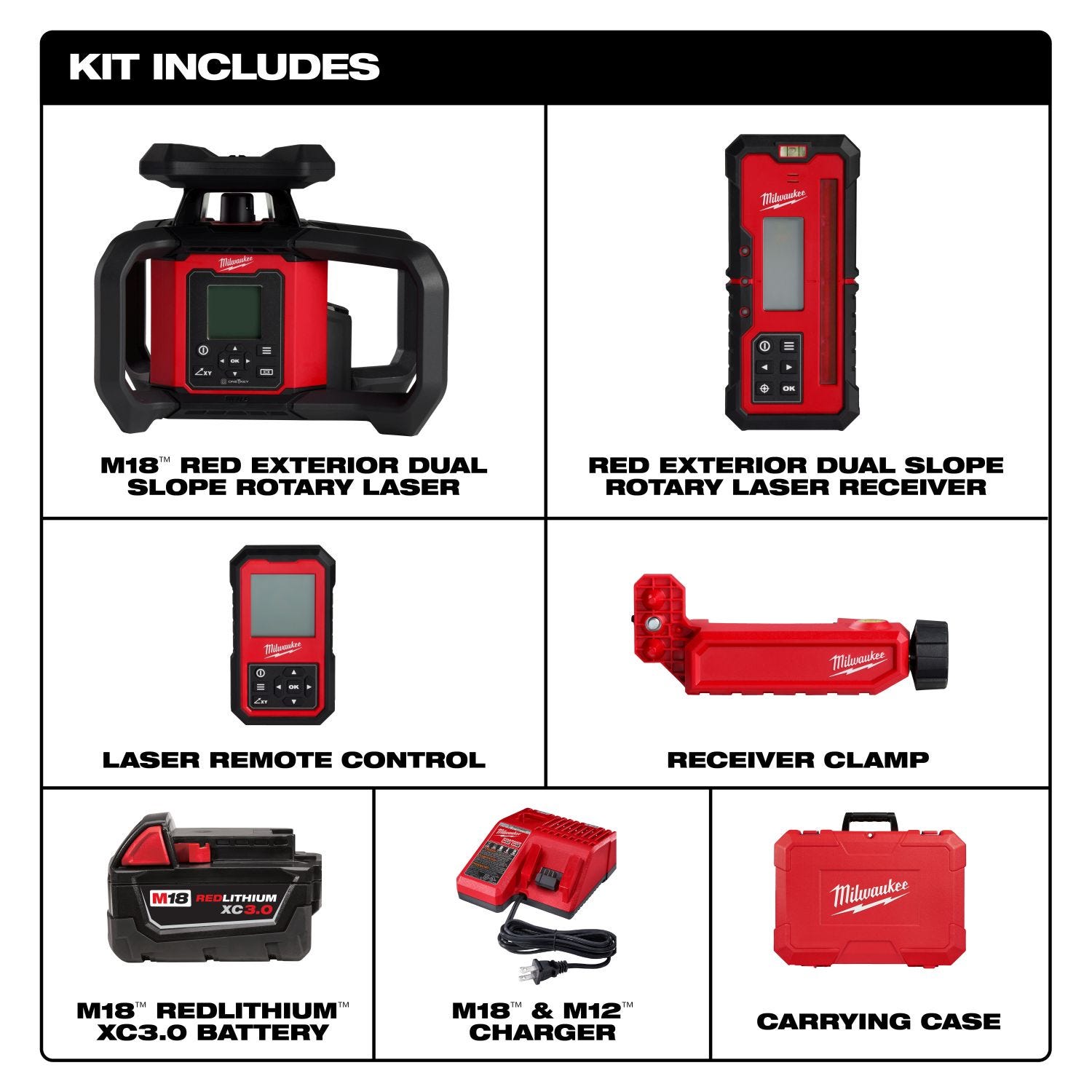 Milwaukee 3704-21 M18 Red Exterior Dual Slope Rotary Laser Level Kit w/ Receiver & Remote