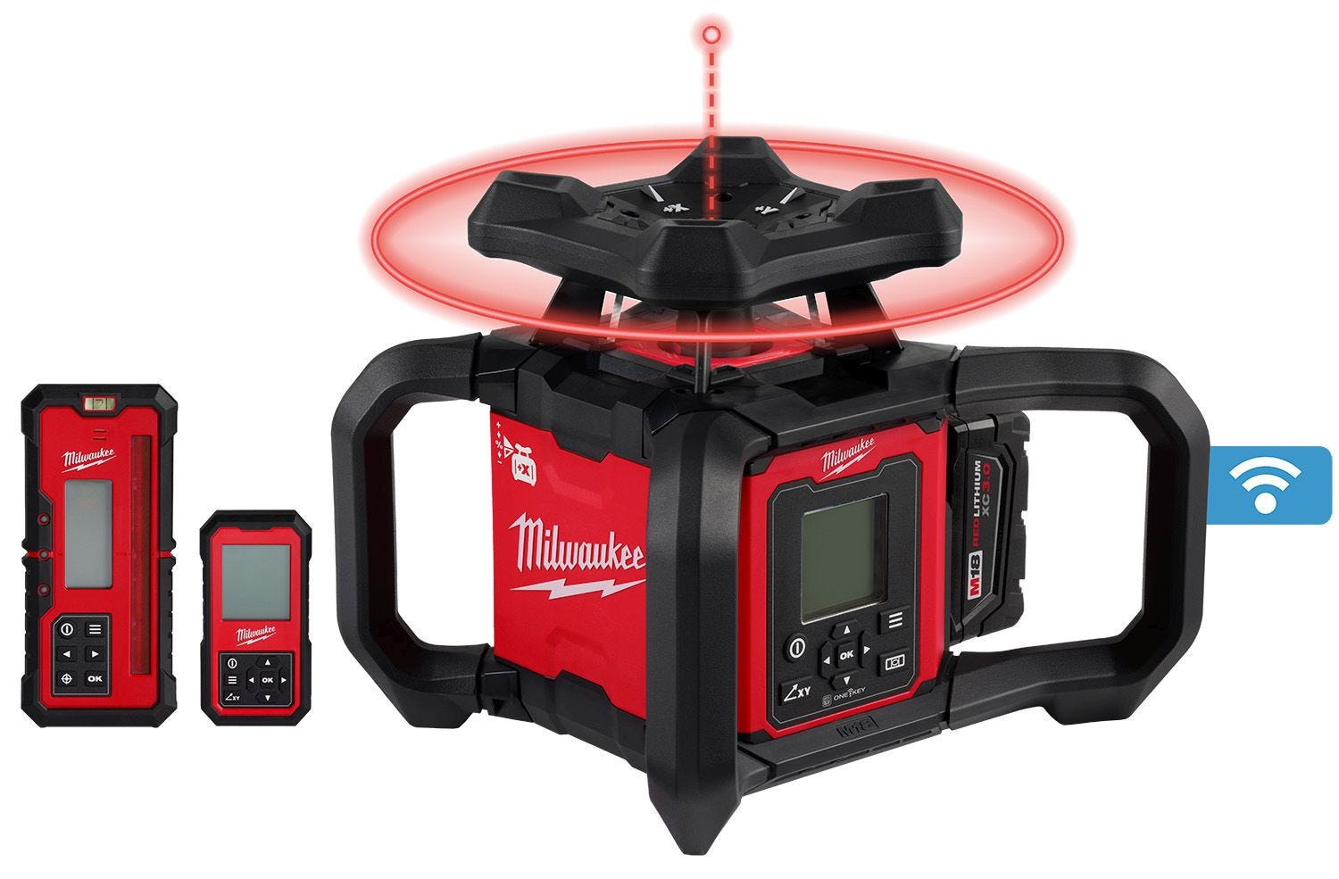 Milwaukee 3704-21 M18 Red Exterior Dual Slope Rotary Laser Level Kit w/ Receiver & Remote