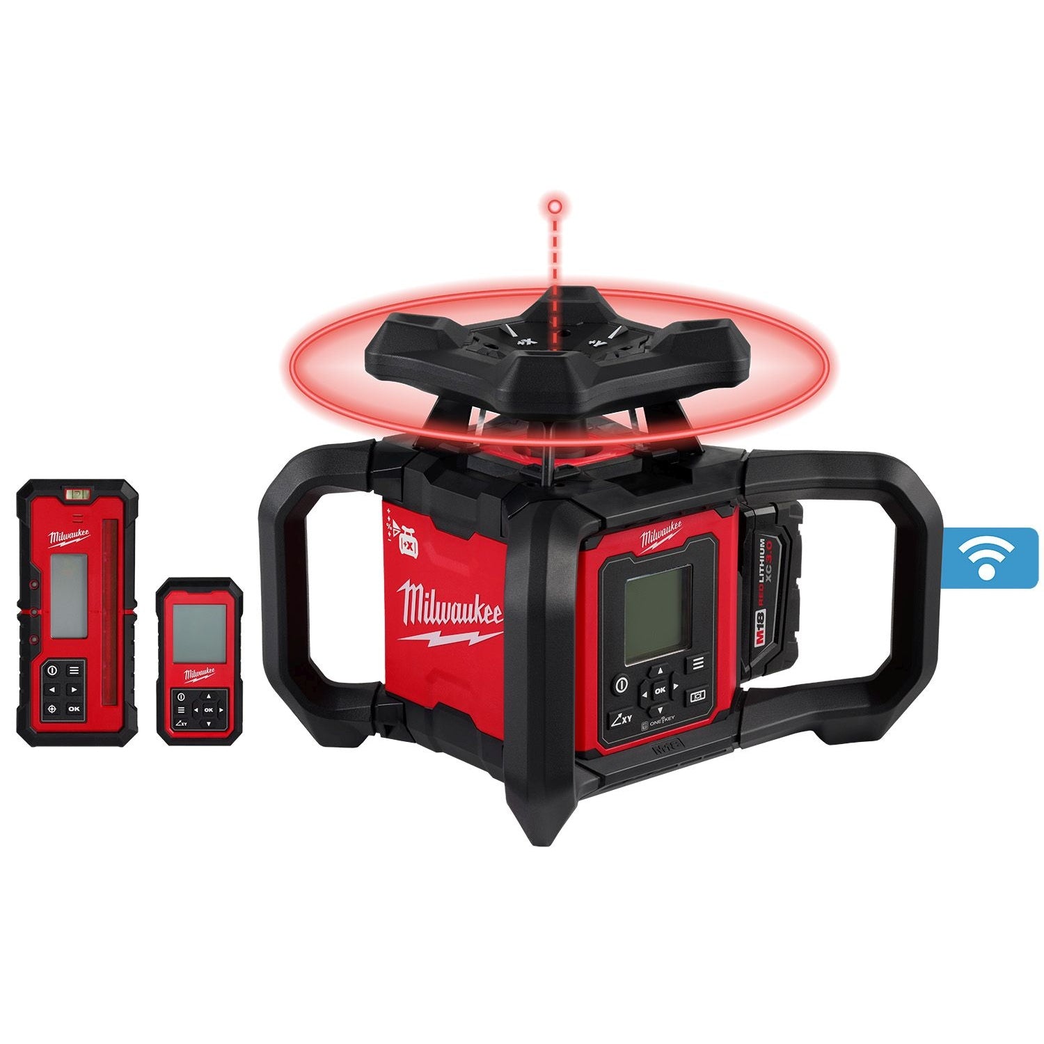 Milwaukee 3704-21T M18 Red Exterior Dual Slope Rotary Laser Level 3.0Ah Kit w/ Receiver, Remote, Grade Rod & Tripod