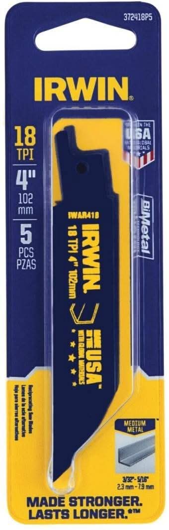 Irwin 372418P5 Metal Cutting Reciprocating Bi-Metal Blade 4-in. 18 TPI 5 Pack