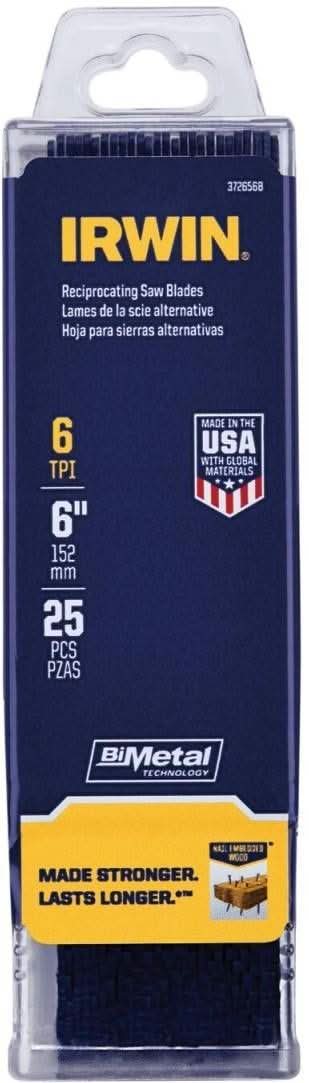 Irwin 372656B Nail Embedded Wood Cutting Reciprocating Blade 6-in. 6 TPI 25 Pack