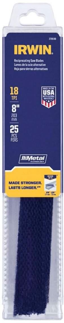 Irwin 372818B Metal Cutting Reciprocating Bi-Metal Blade 8-in. 18 TPI 25 Pack