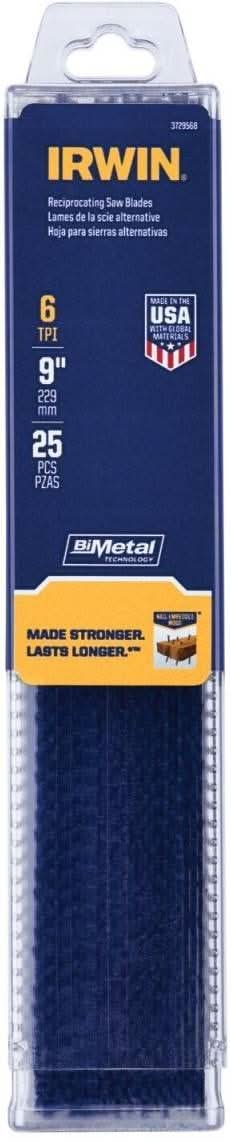 Irwin 372956B Nail Embedded Wood Cutting Reciprocating Blade 9-in. 6 TPI 25 Pack