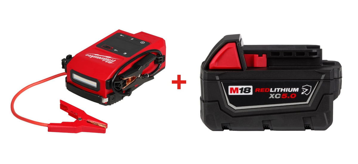Milwaukee 3841-20 M18 HOTSHOT Jump Starter with Milwaukee 48-11-1850R M18 REDLITHIUM XC5.0 Oil & Solvent Resistant Battery