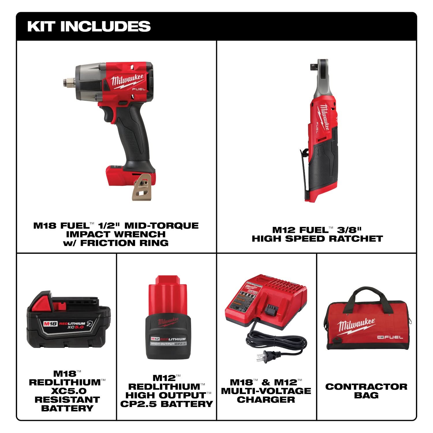 Milwaukee 3890-22 M18 FUEL Impact Wrench & M12 FUEL Ratchet  2-Tool Combo Kit