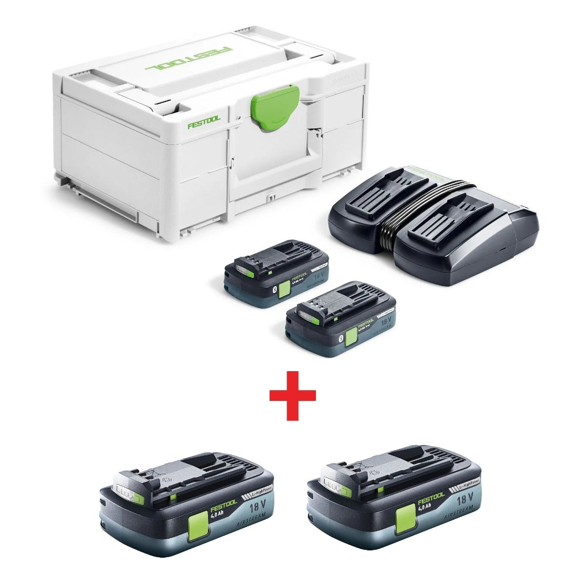 Festool Dual 4.0Ah Battery & Charger Energy Systainer Set plus 18V Airstream Bluetooth 4.0Ah Battery 2-Pack