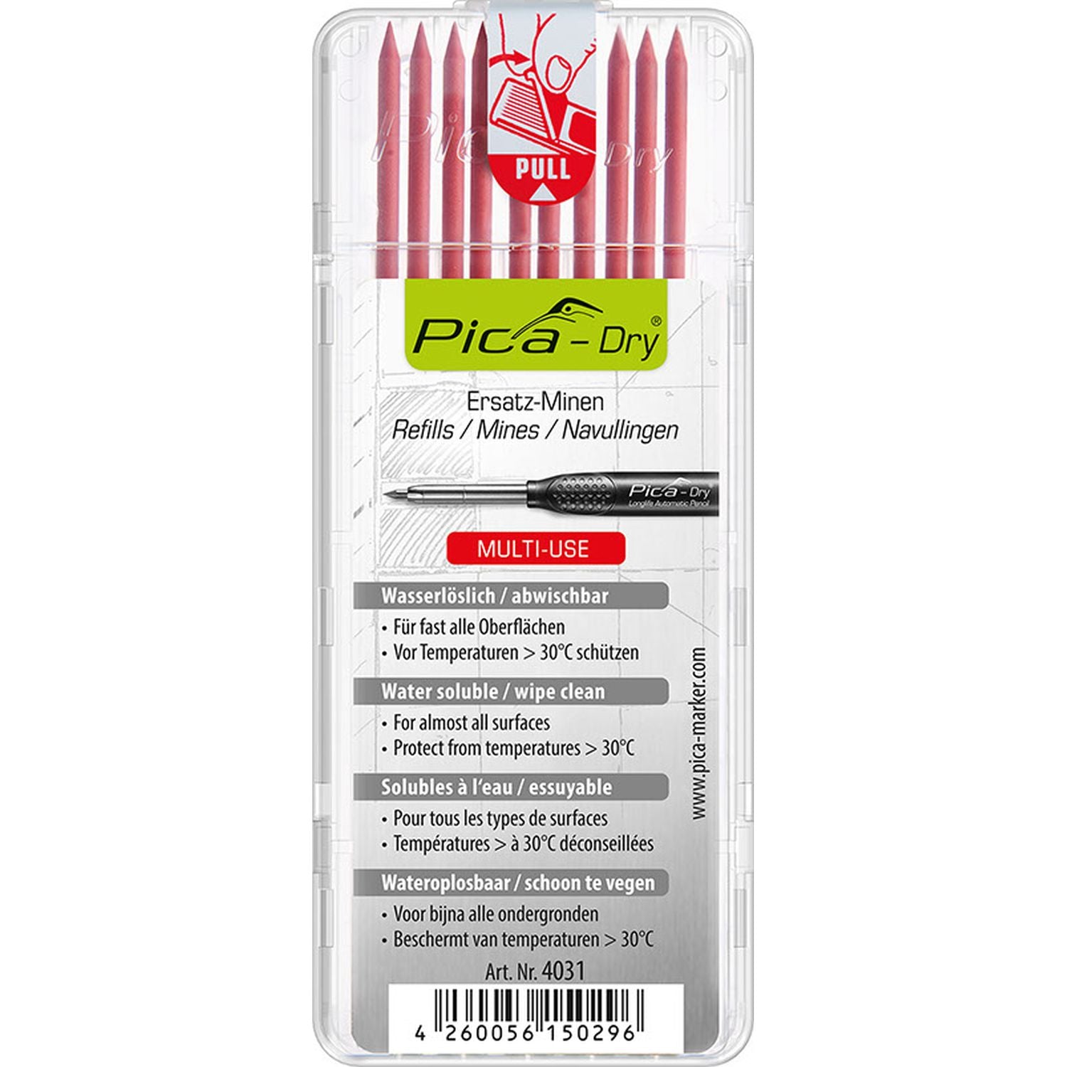 Pica 4031 Dry Red Lead Refills, 10-Pack