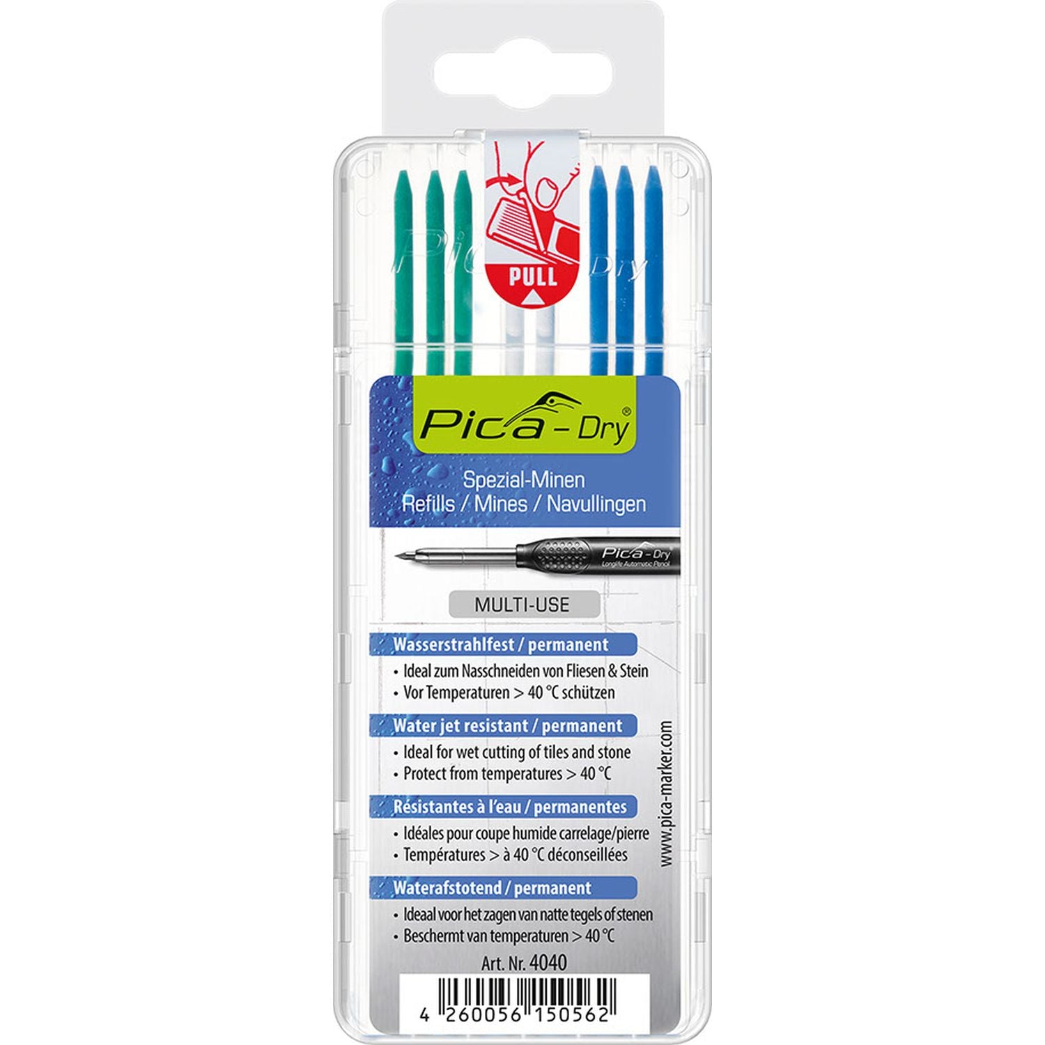 Pica 4040/SB Green, White and Blue Pencil Lead Refills, 8-Pack