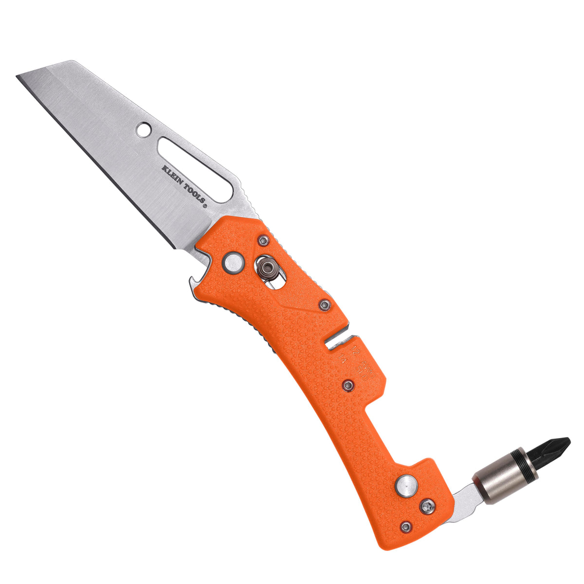 Klein 44056D electrician's pocket knife with driver, orange handle, blade and driver open