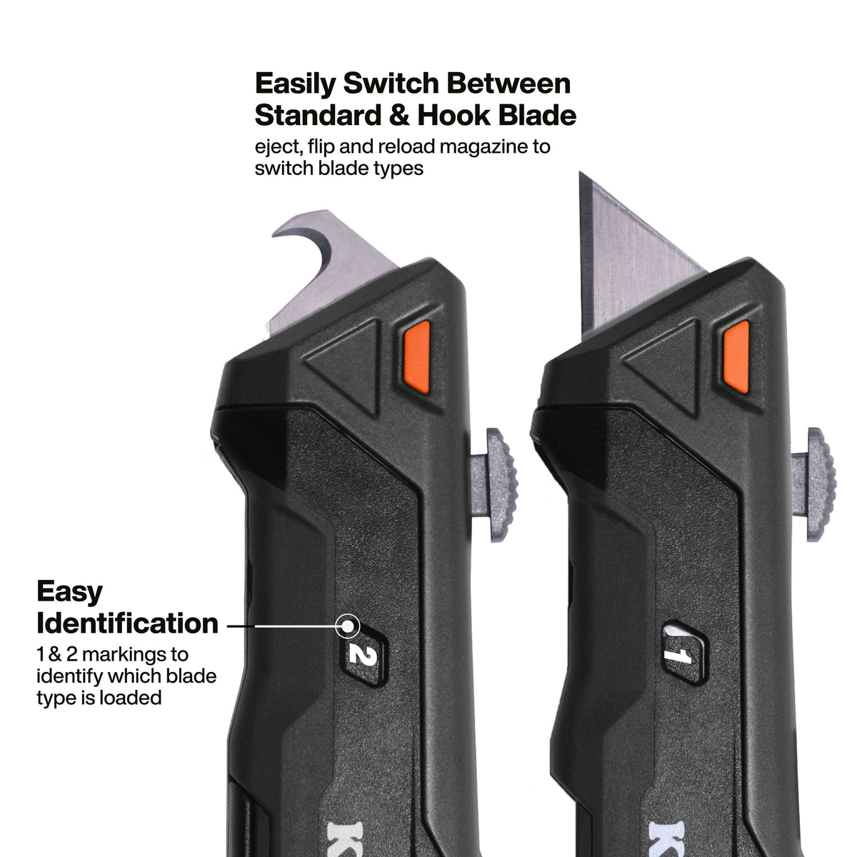 Klein Tools 44308 utility knife quick-release switch ejecting the blade magazine