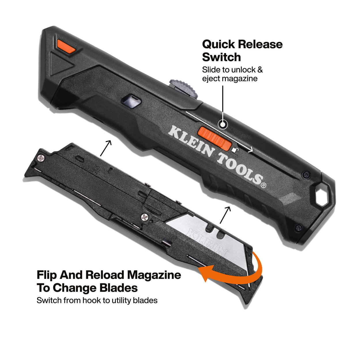 Klein Tools 44308 utility knife slide button auto-reloading a fresh blade one-handed