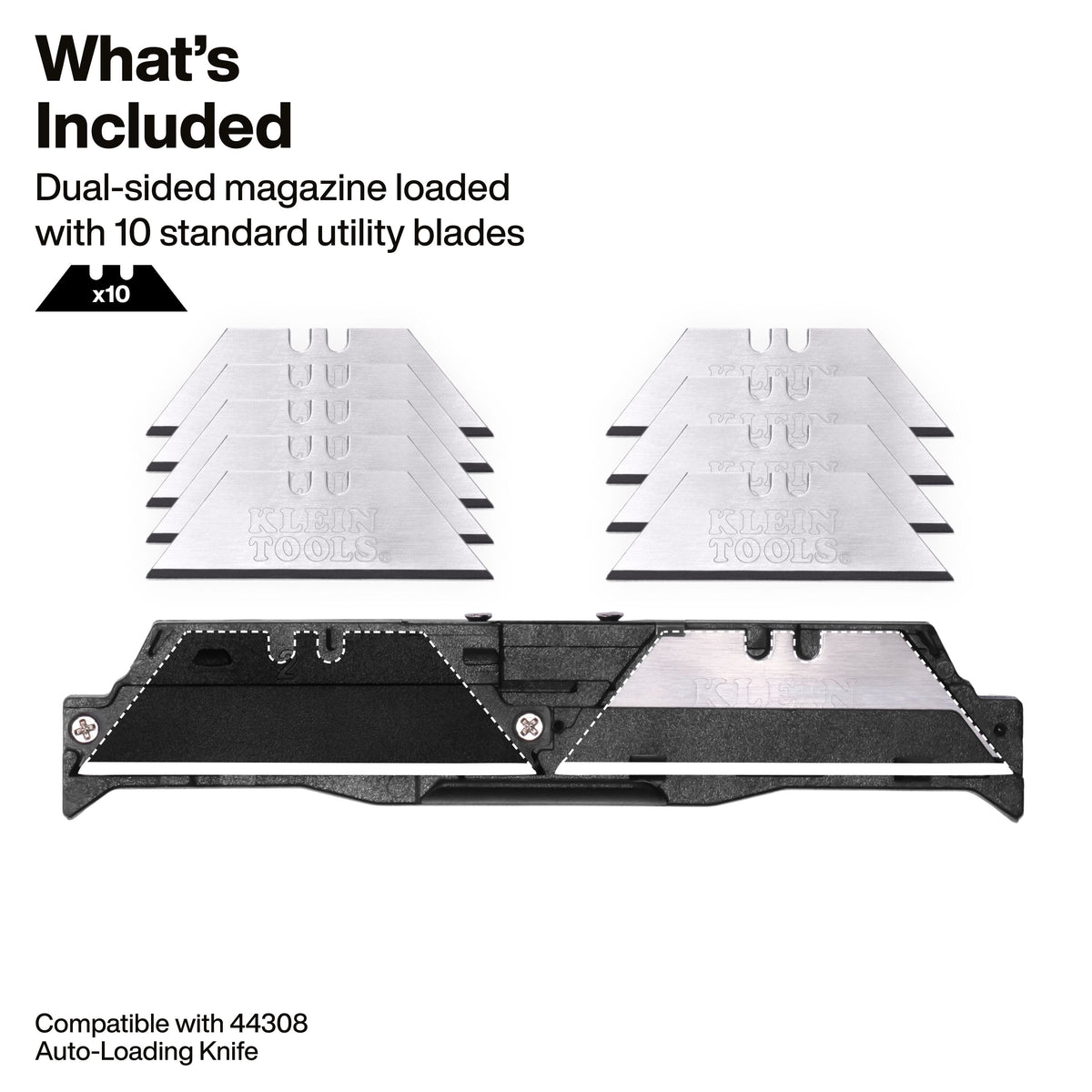 Klein Tools 44308BL dual-sided blade magazine holding up to 10 standard utility blades