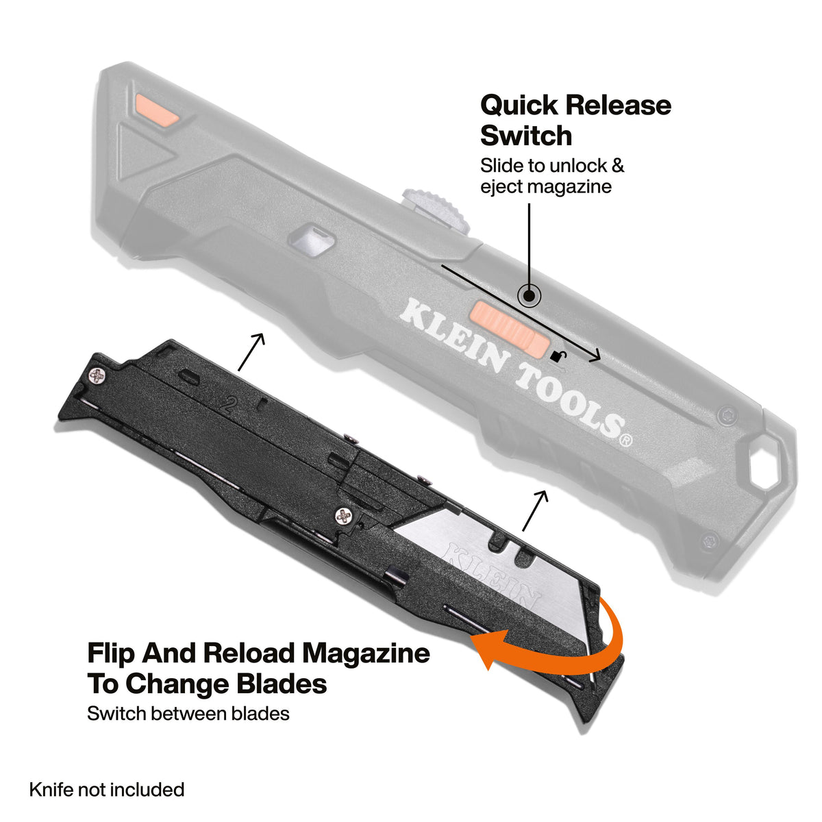 Klein Tools 44308BL blade magazine ejected and flipped to switch blade types in the 44308 auto-loading utility knife