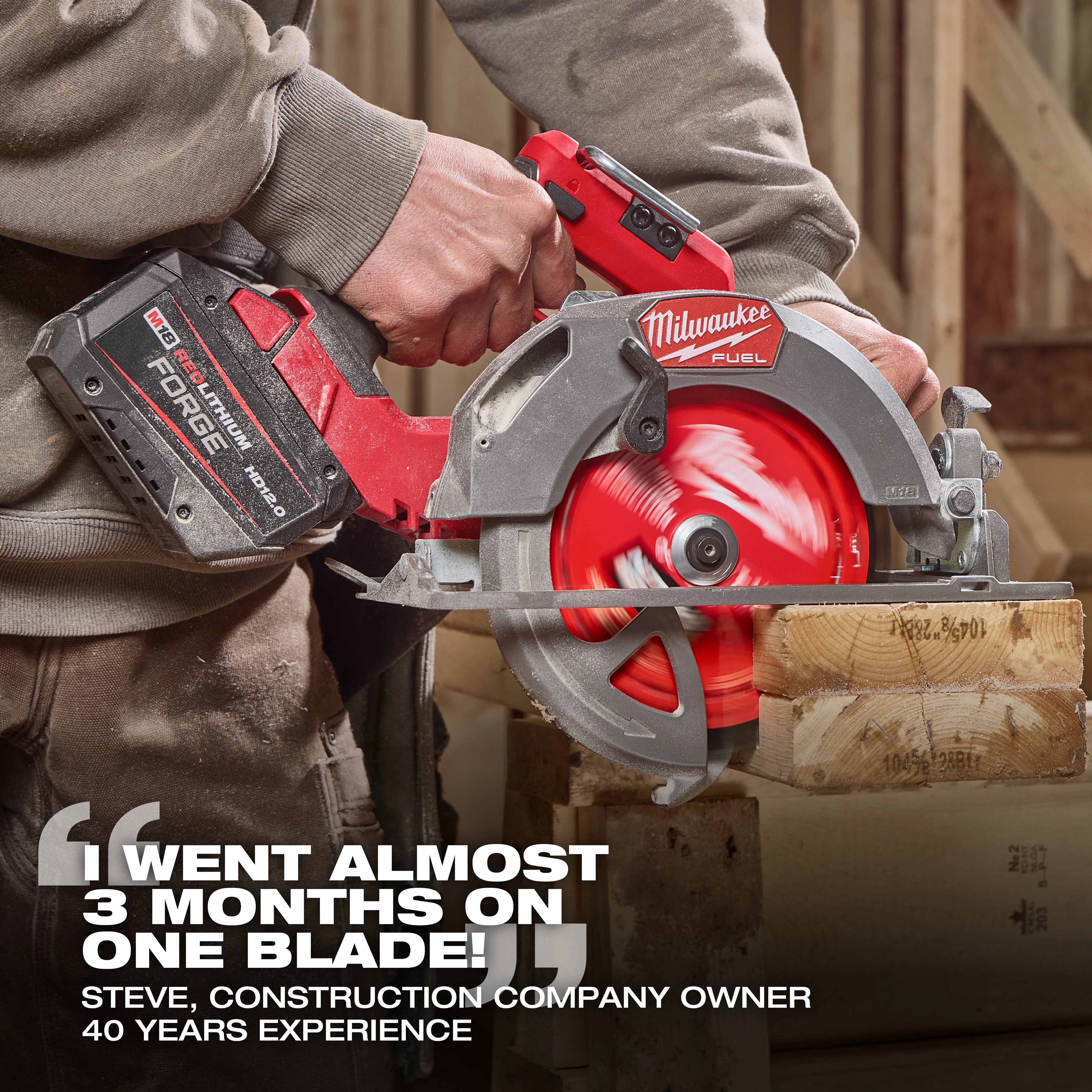 Contractor using a circular saw fitted with a Milwaukee NITRUS Carbide framing and demolition blade on a jobsite