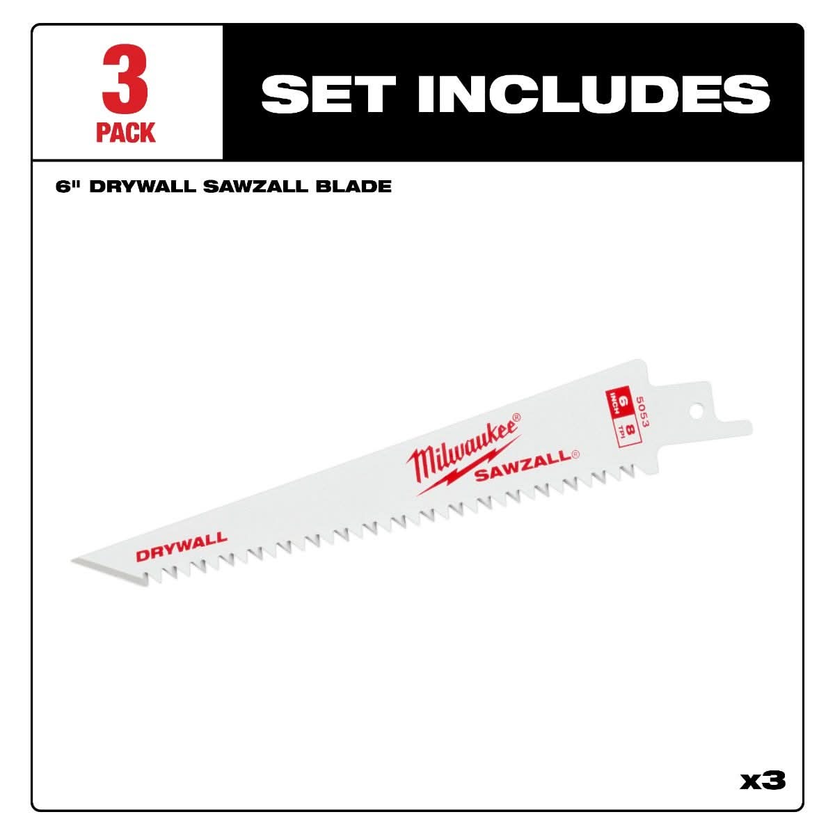 Milwaukee 48-00-5053 6" 8TPI Drywall SAWZALL Blades (3 pk)