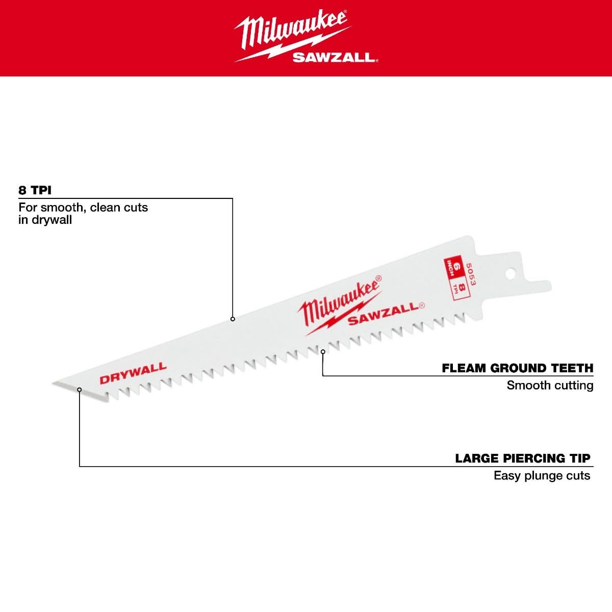 Milwaukee 48-00-5053 6" 8TPI Drywall SAWZALL Blades (3 pk)