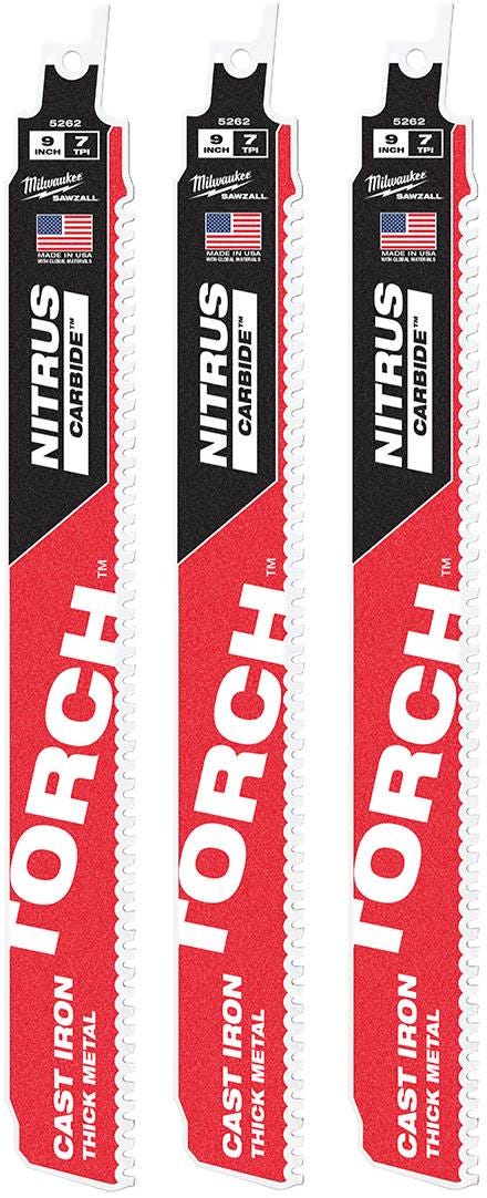 Milwaukee 48-00-5362 TORCH with NITRUS Carbide 9-Inch 7-TPI Recip Saw Blade, 3-Pack (PROMO)
