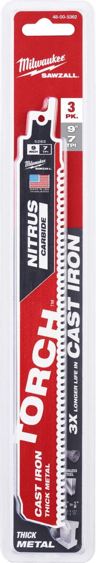 Milwaukee 48-00-5362 TORCH with NITRUS Carbide 9-Inch 7-TPI Recip Saw Blade, 3-Pack (PROMO)