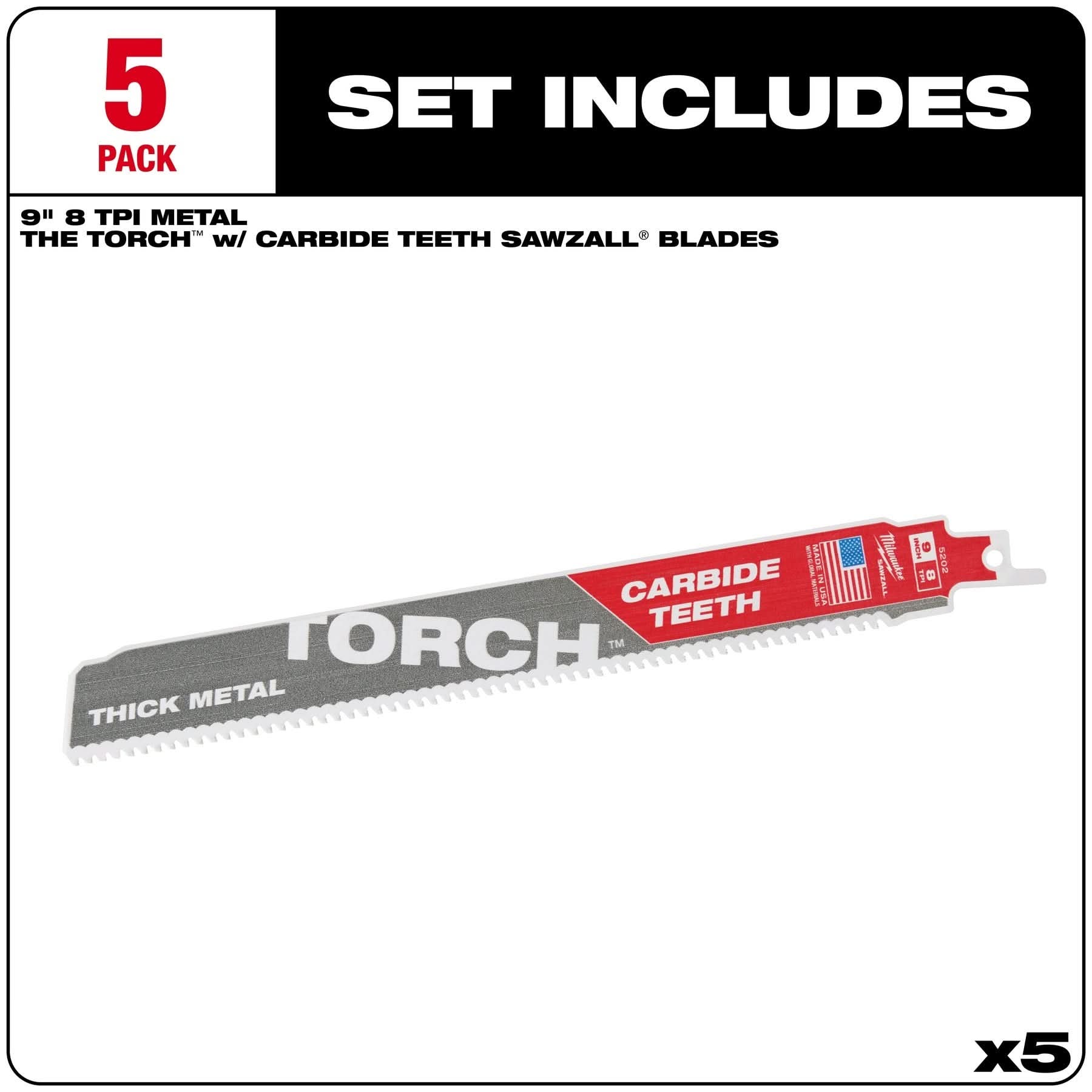 Milwaukee 48-00-5502 TORCH with Carbide Teeth Recip Saw Blade 7-TPI 9" 5-Pack