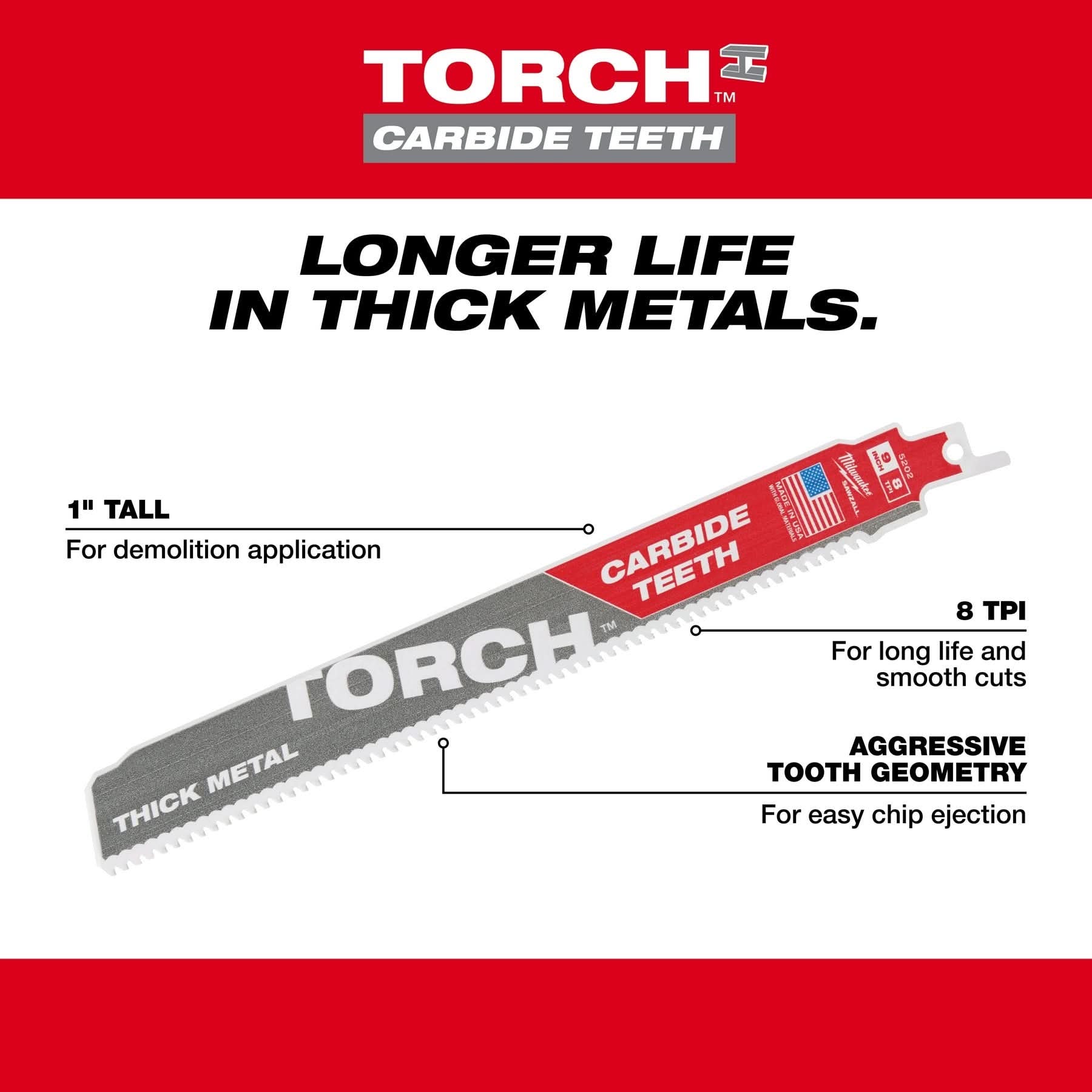 Milwaukee 48-00-5502 TORCH with Carbide Teeth Recip Saw Blade 7-TPI 9" 5-Pack