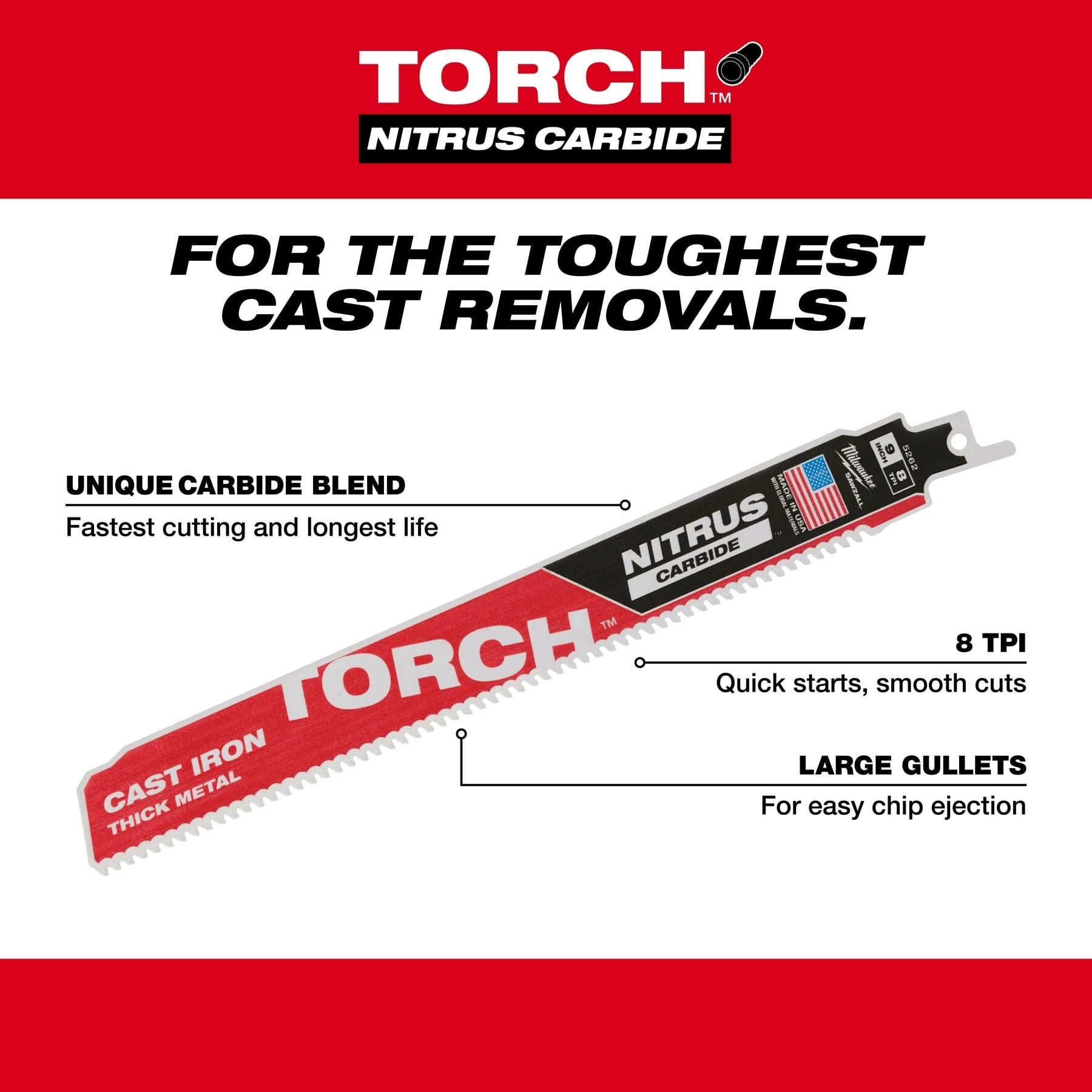 Milwaukee 48-00-5561 TORCH with NITRUS Carbide 6-Inch 7-TPI Recip Saw Blade, 5-Pack