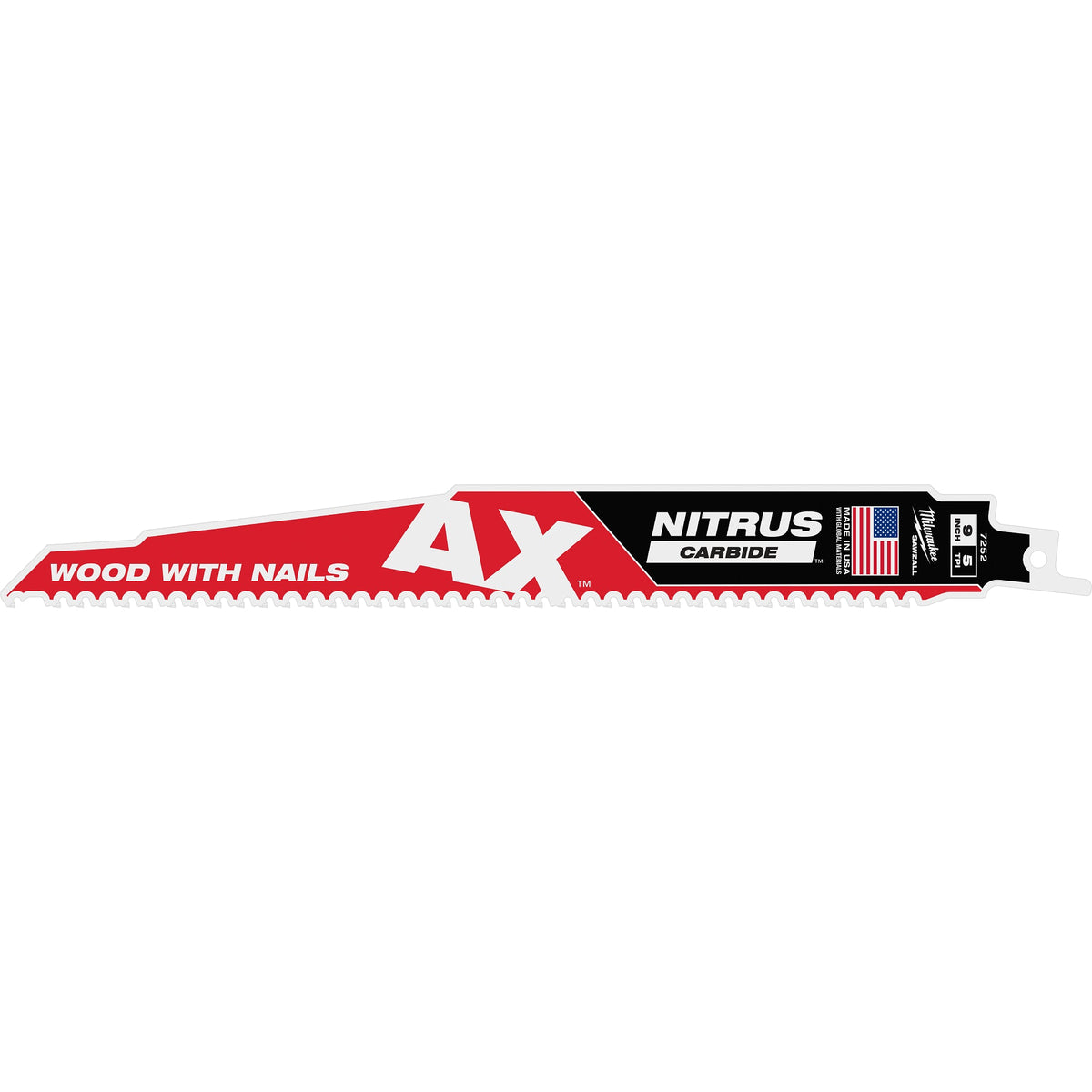 Milwaukee 48-00-7252 9-inch 5 TPI AX with NITRUS Carbide Teeth SAWZALL blade for wood with nails, side profile