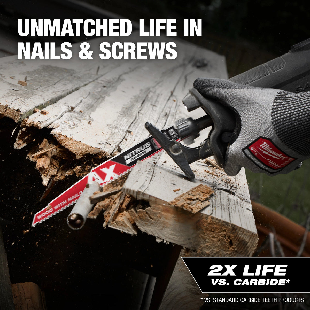 Gloved hands running a reciprocating saw with a Milwaukee AX NITRUS carbide blade through weathered deck boards with screws during demolition