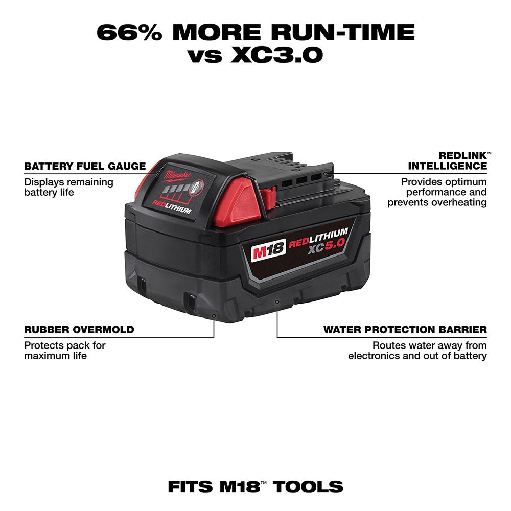 Milwaukee 48-11-1852 M18 Redlithium XC 5.0Ah Extended Capacity Battery, 2-Pack