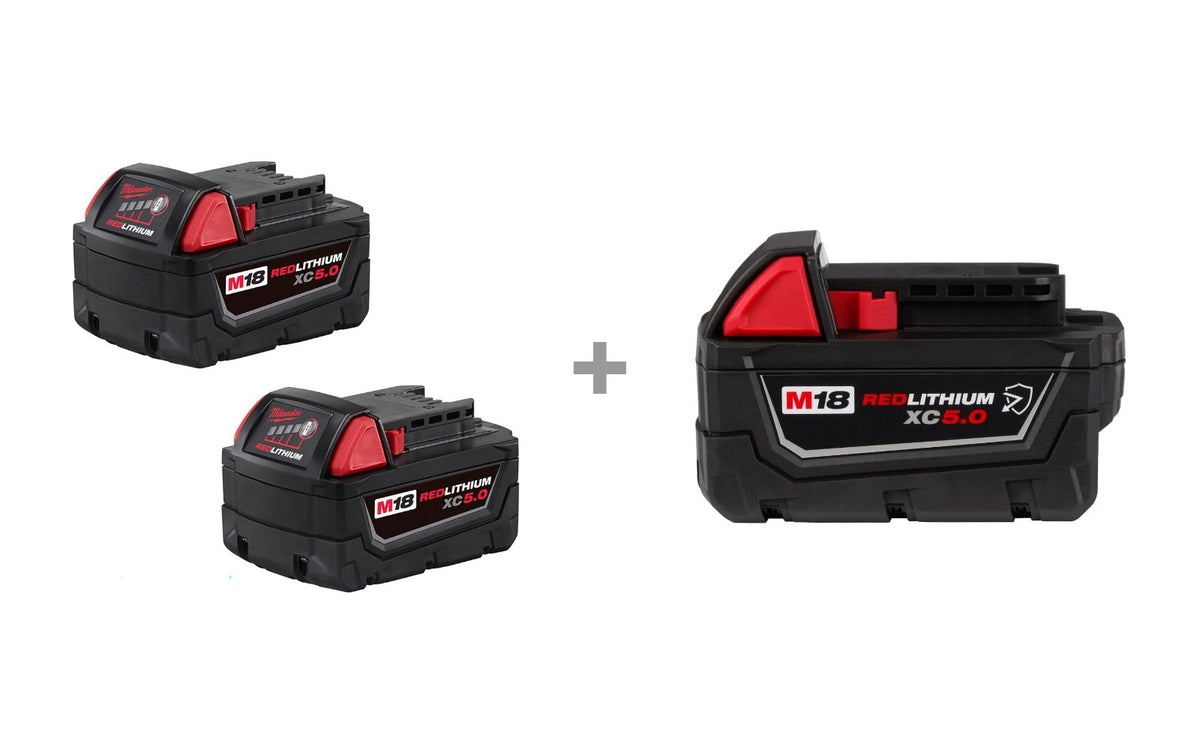 Milwaukee 48-11-1852 M18 XC5.0 battery 2-pack shown with 48-11-1850R M18 XC5.0 Oil & Solvent Resistant battery
