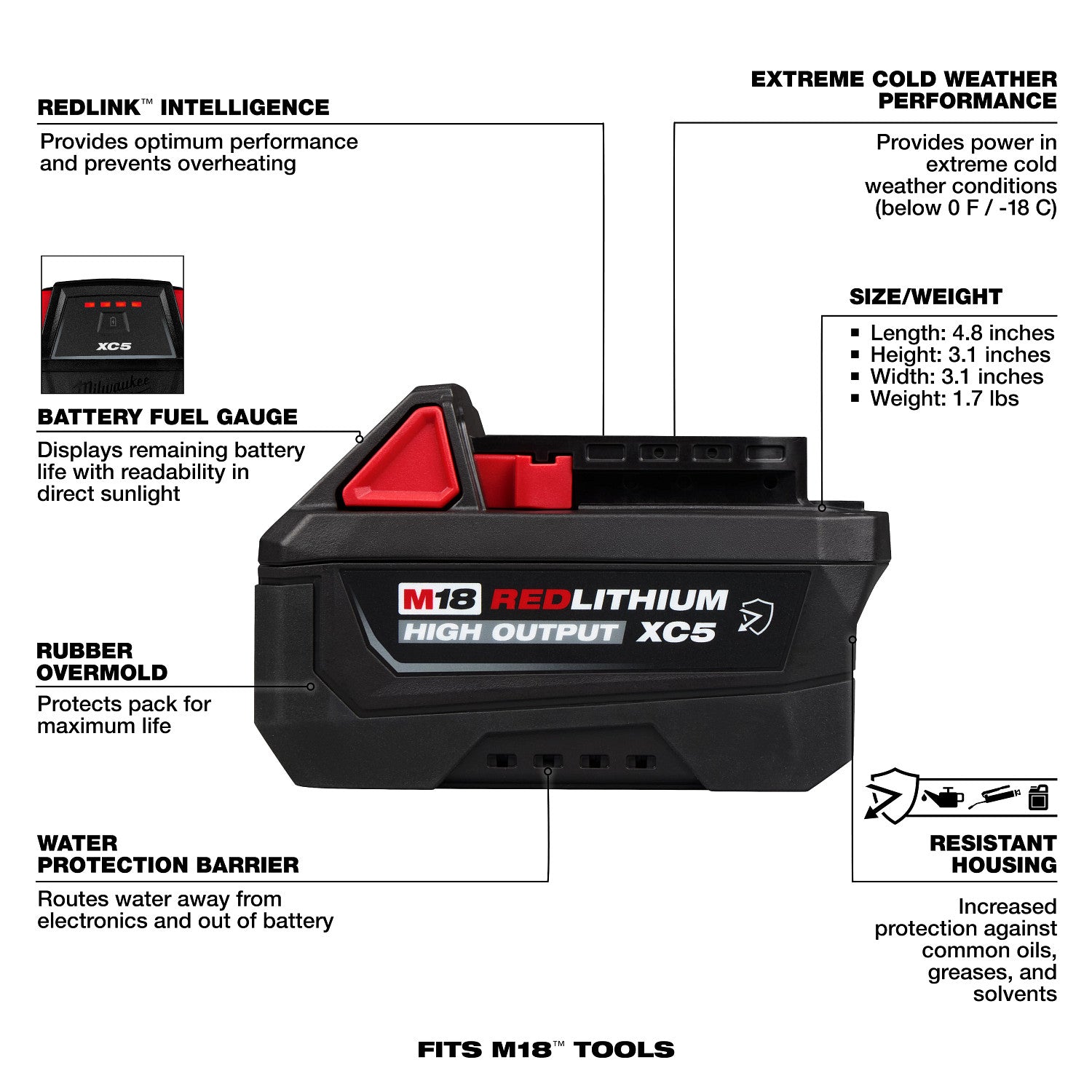 Milwaukee M18 REDLITHIUM HIGH OUTPUT XC5 5.0Ah Resistant Battery Pack (48-11-1855R)