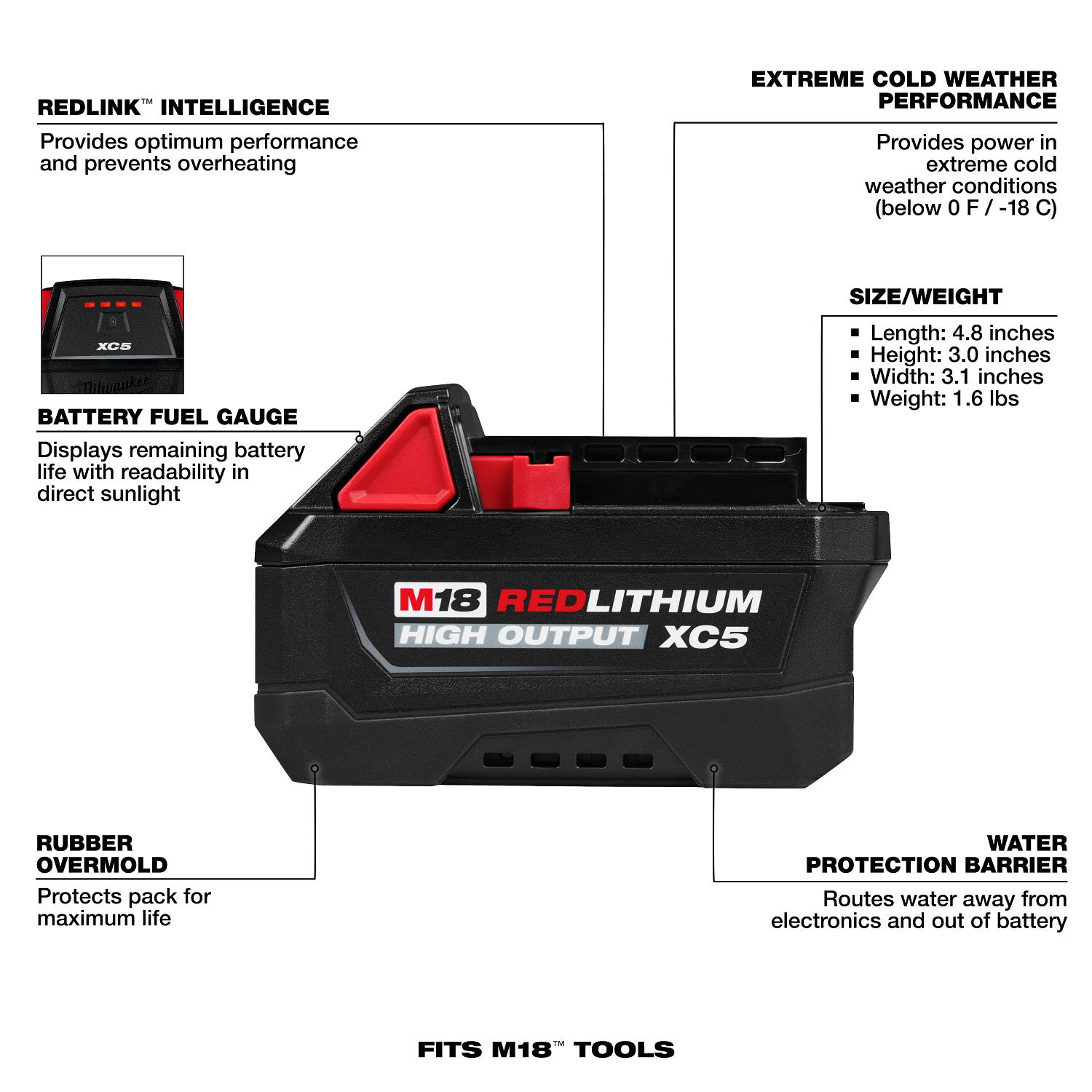 Milwaukee M18 REDLITHIUM HIGH OUTPUT XC5 5.0Ah Battery Pack (48-11-1855)