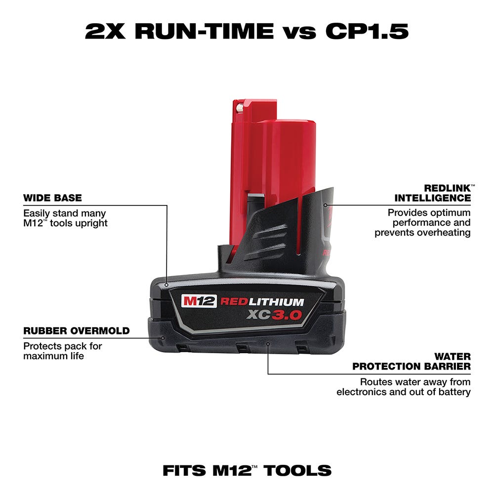 Milwaukee 48-11-2412 M12 REDLITHIUM XC 3.0Ah Battery, 2-Pack