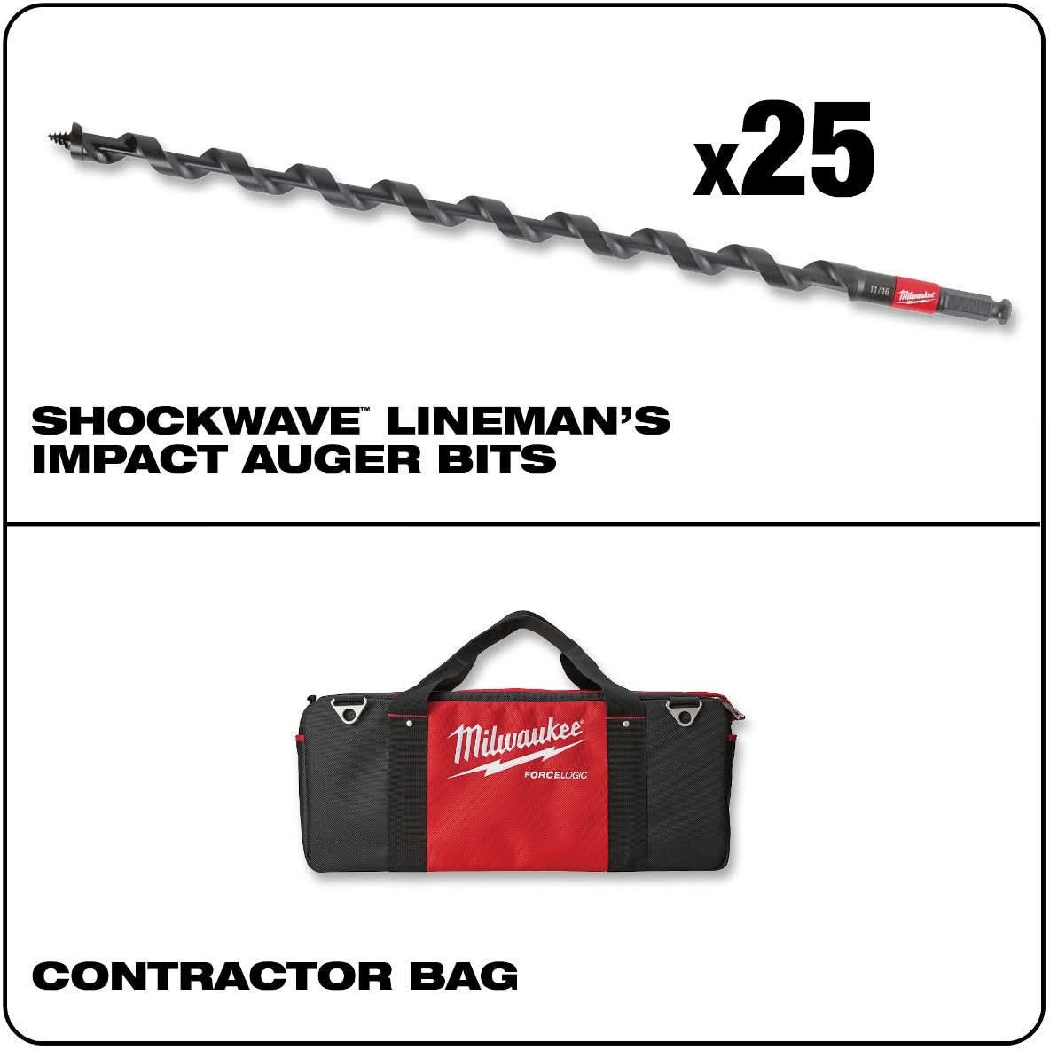Milwaukee 48-13-6795 11/16-Inch X 18-Inch Shockwave Lineman's Impact Auger Bit, 25-Pack