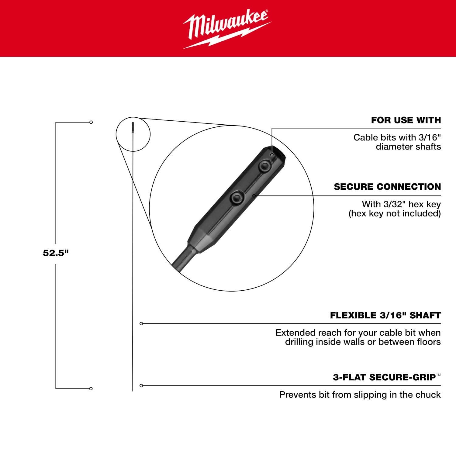Milwaukee 48-13-8118 MILWAUKEE 3/16" x 52.5" Flexible Cable Bit Extension