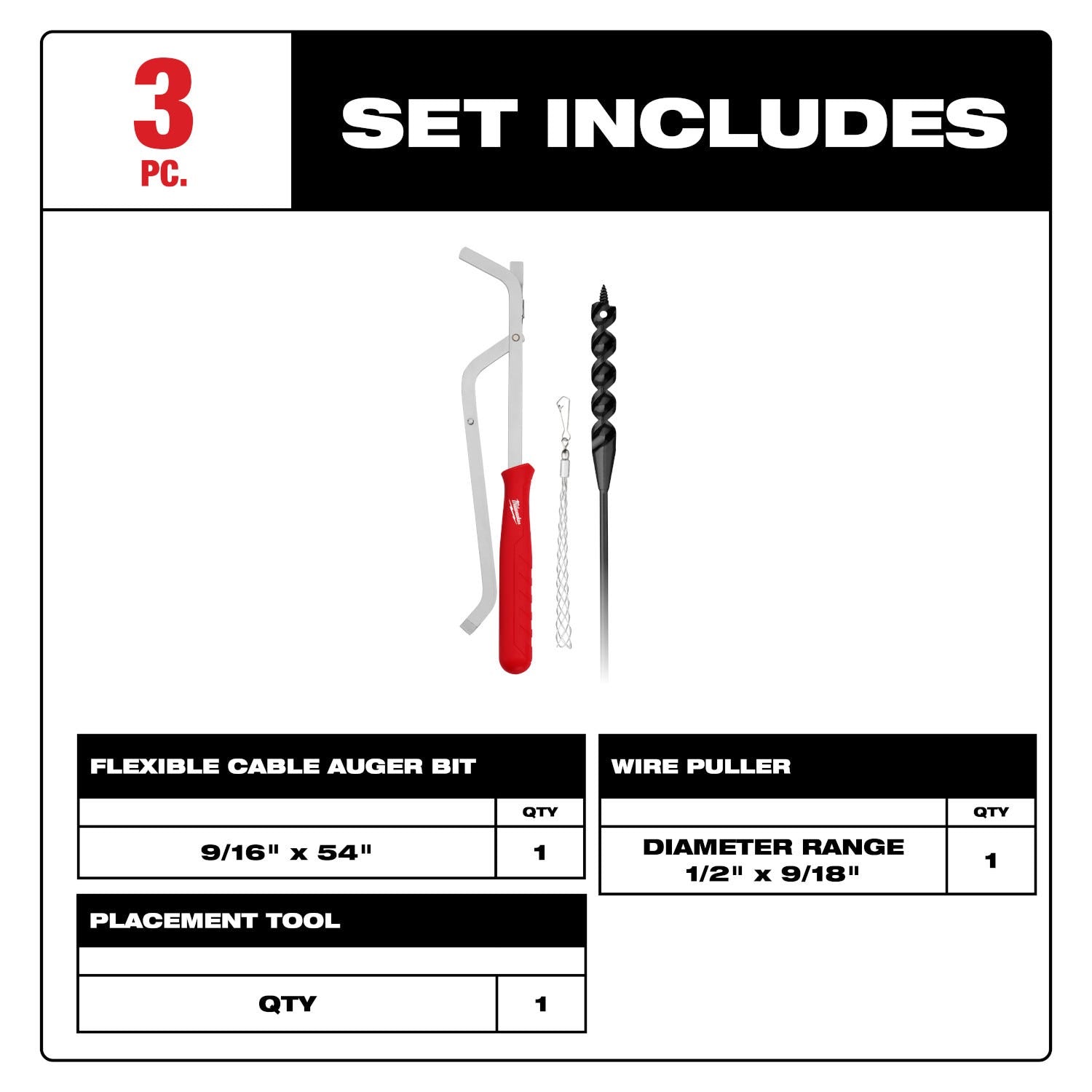 Milwaukee 48-13-8403 MILWAUKEE 9/16" x 54" Flexible Cable Auger Bit 3PC Set