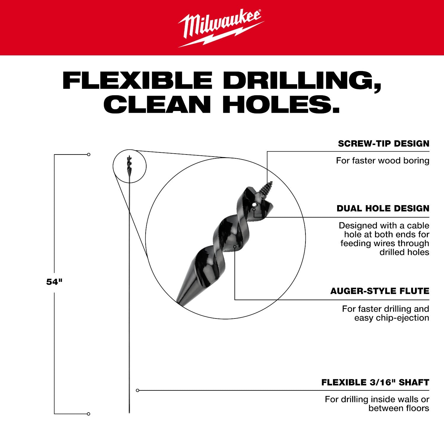 Milwaukee 48-13-8403 MILWAUKEE 9/16" x 54" Flexible Cable Auger Bit 3PC Set