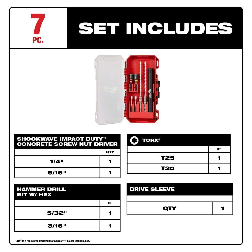 Milwaukee 48-20-8877 SHOCKWAVE Impact Duty Carbide Multi-Material Drill Bit Concrete Screw Install Set - 7PC