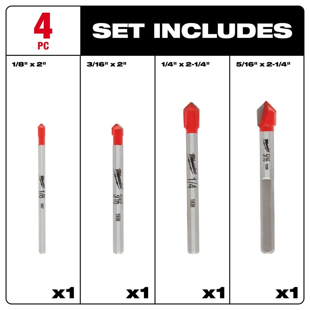 Milwaukee 48-20-8988 Glass and Tile Router Bit 4-Piece Set