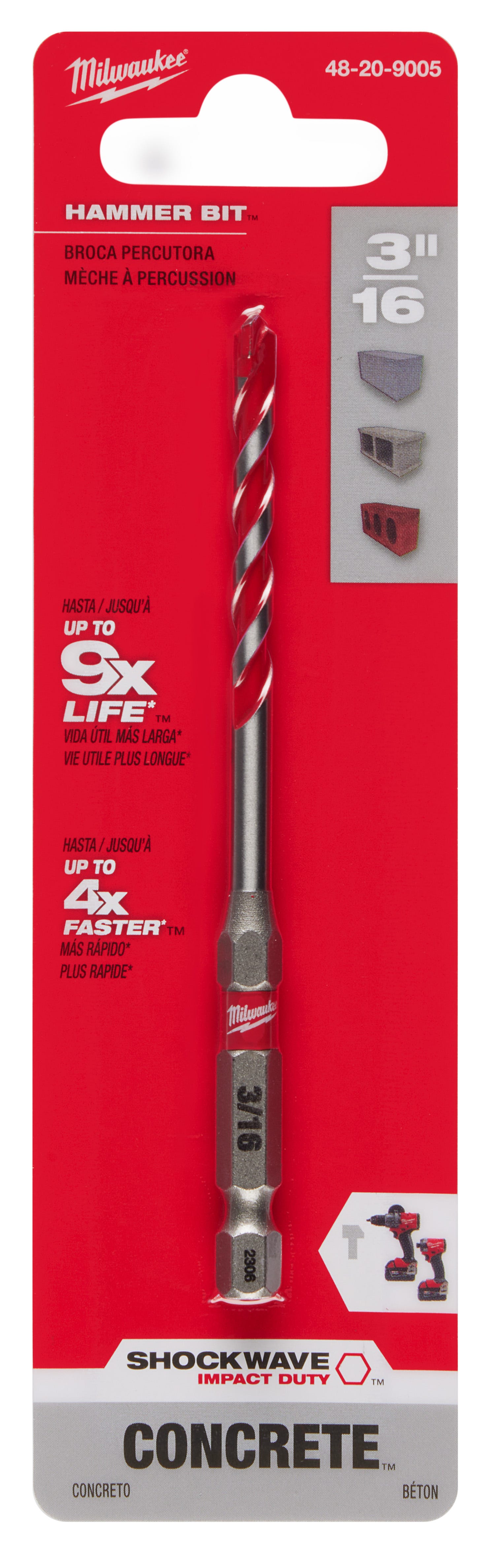 Milwaukee 48-20-9005 3/16" x 2" x 4" SHOCKWAVE Impact Duty Carbide Hammer Drill Bit