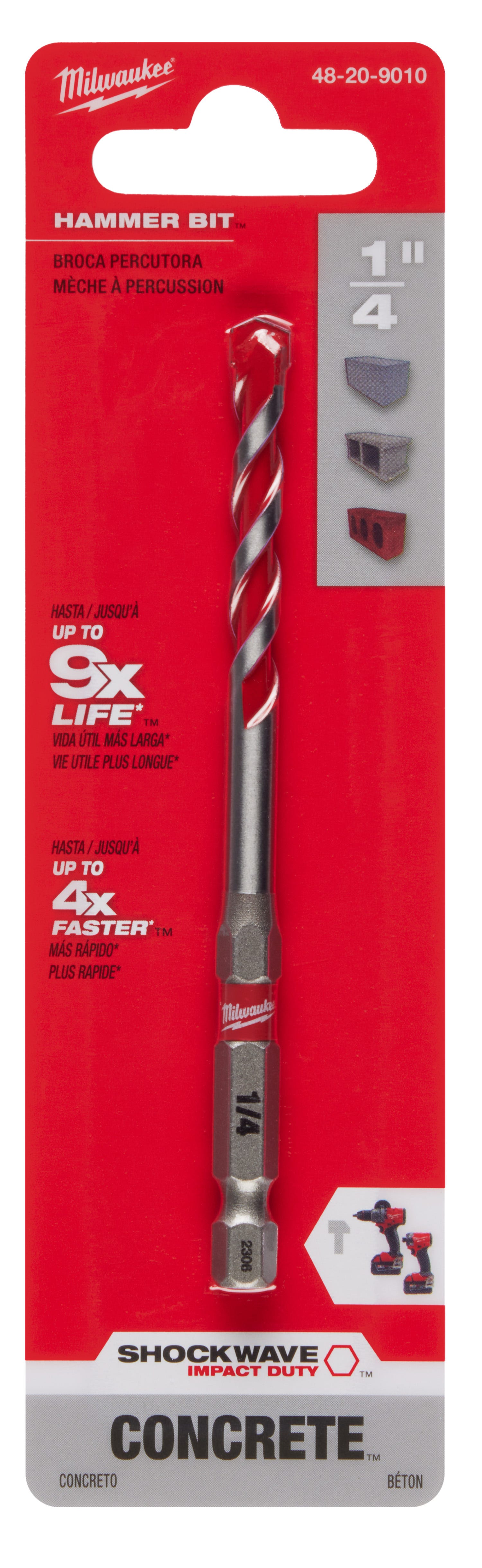 Milwaukee 48-20-9010 1/4" x 2" x 4" SHOCKWAVE Impact Duty Carbide Hammer Drill Bit