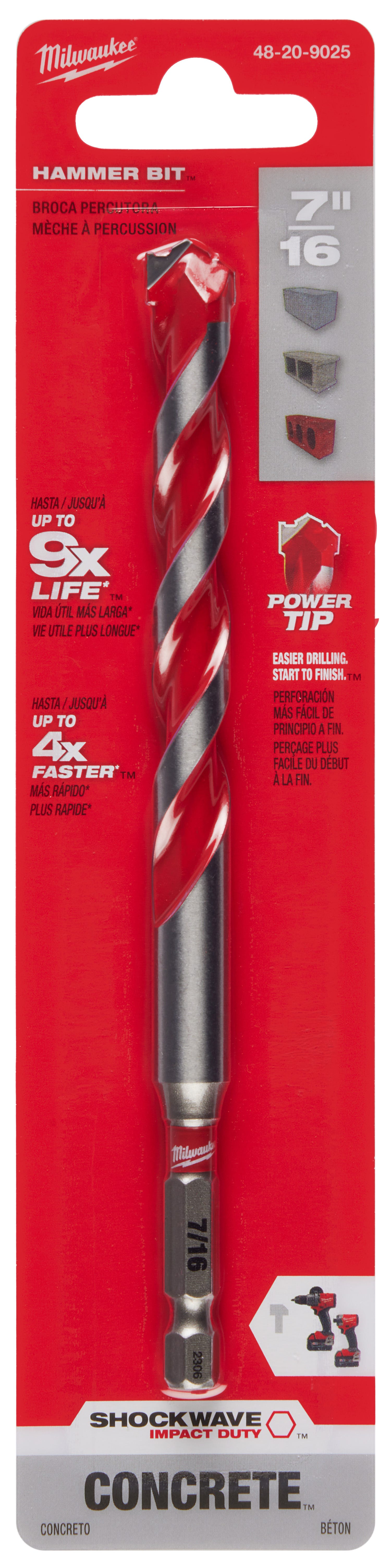 Milwaukee 48-20-9025 7/16" x 4" x 6" SHOCKWAVE Impact Duty Carbide Hammer Drill Bit with POWER TIP