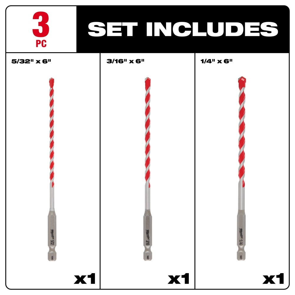 Milwaukee 48-20-9050 3PC. SHOCKWAVE Impact Duty Carbide Hammer Drill Bit Set