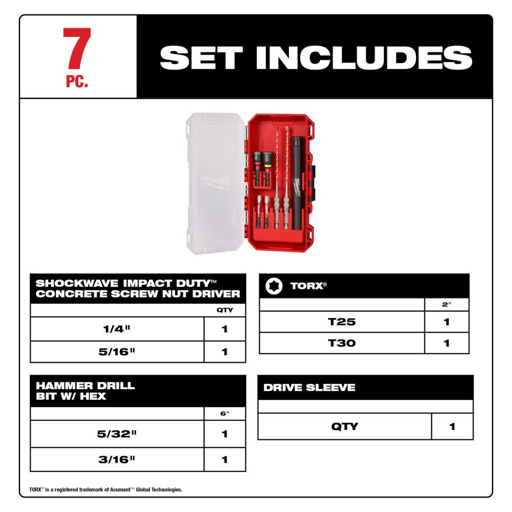 Milwaukee 48-20-8899 SHOCKWAVE Impact Duty Carbide Multi-Material Drill Bit Set - 7PC