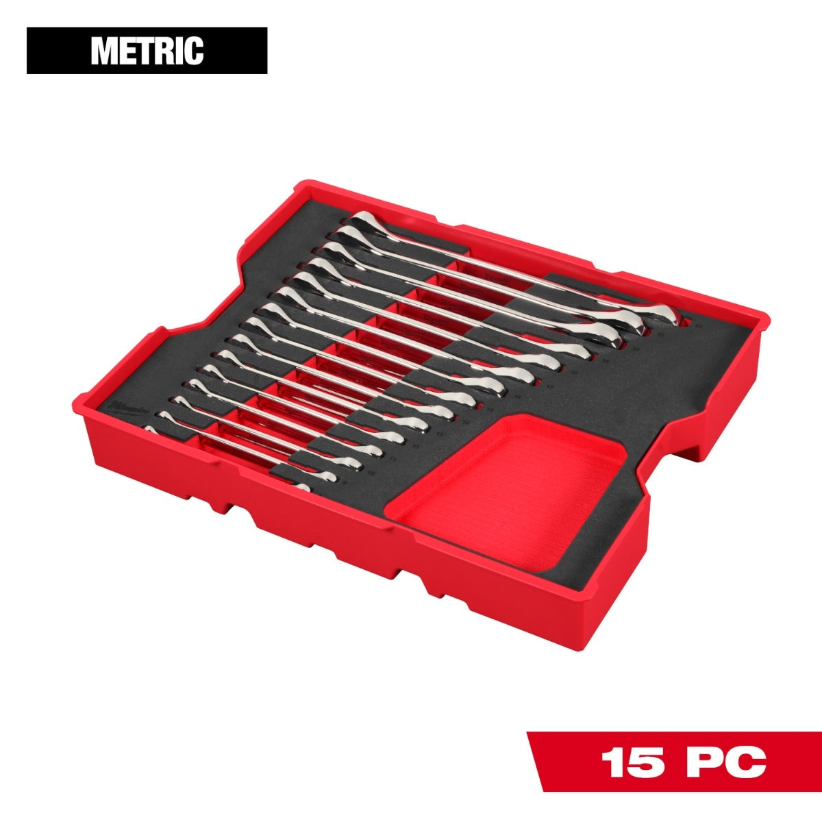 Milwaukee 48-22-0156 15-Piece Metric Ratcheting Combination Wrench Set with Tray for PACKOUT Drawers