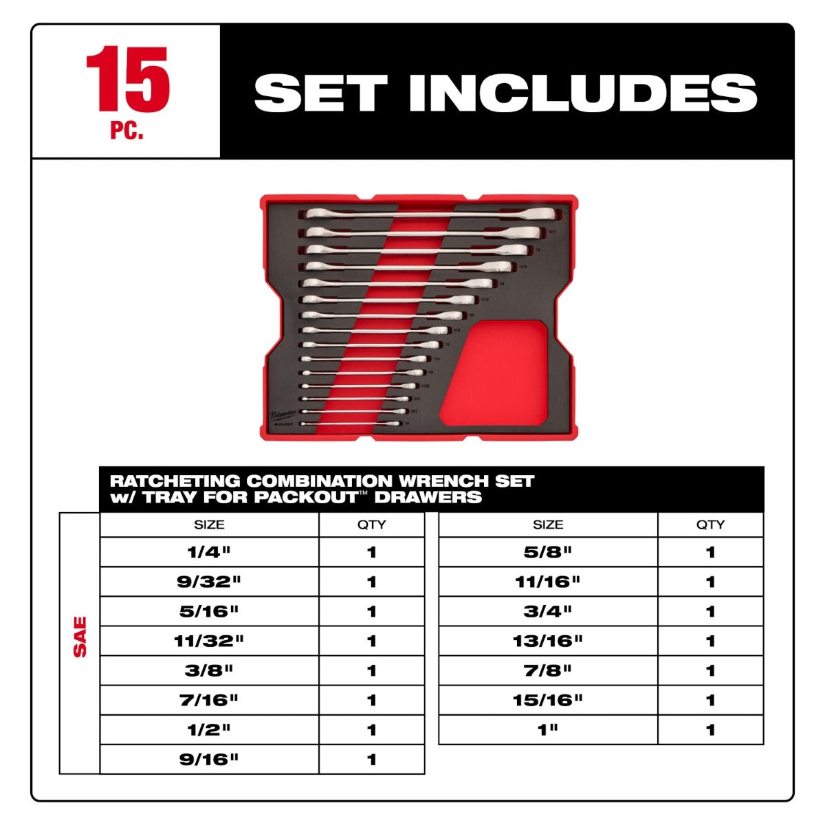 Milwaukee 48-22-0157 15-Piece SAE Ratcheting Combination Wrench Set with Tray for PACKOUT Drawers