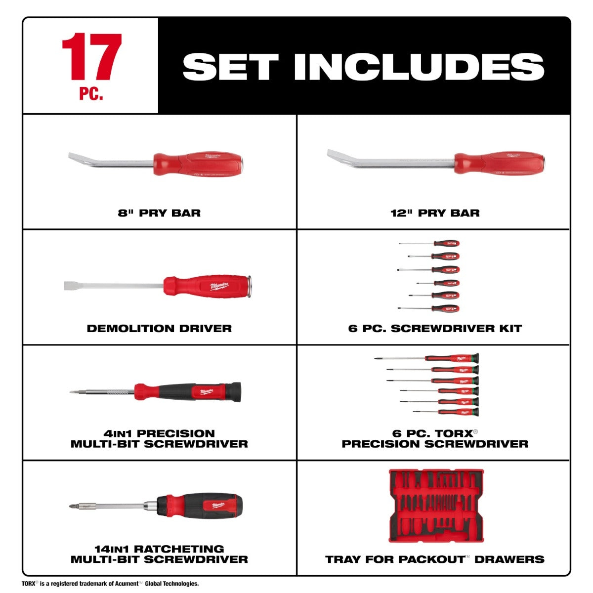 Milwaukee 48-22-0158 17-Piece Screwdriver & Pry Bar Set with Tray for PACKOUT Drawers