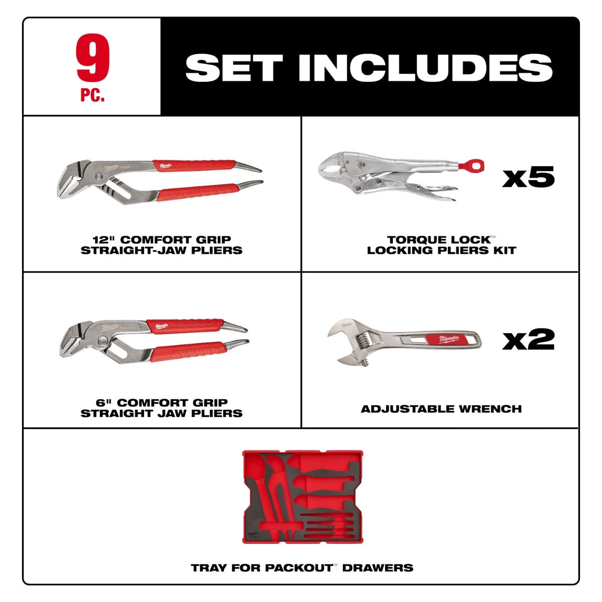 Milwaukee 48-22-0160 9-Piece Pliers & Wrench Set with Tray for PACKOUT Drawers