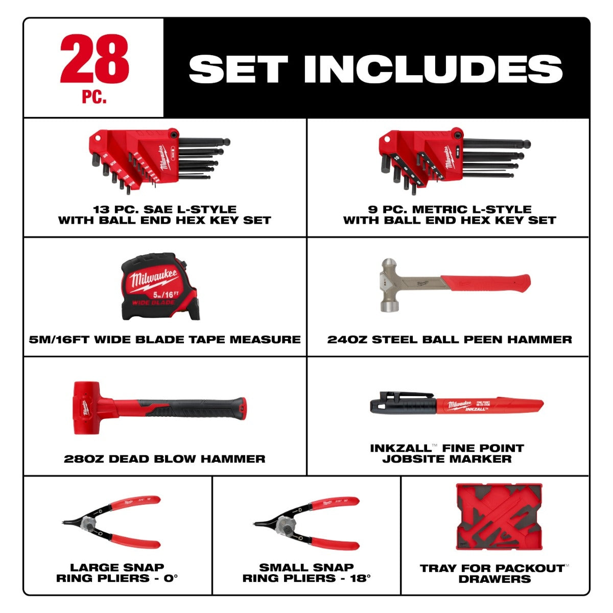 Milwaukee 48-22-0161 28-Piece Hex Key & Hammer Set with Tray for PACKOUT Drawers