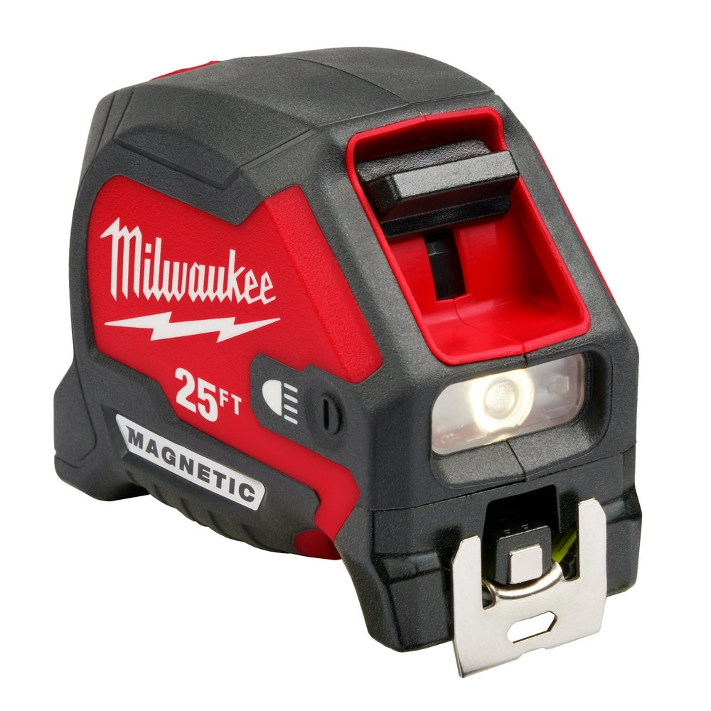 Milwaukee 48-22-0428 25ft Compact Wide Blade Magnetic Tape Measure w/ Rechargeable 100-Lumen Light